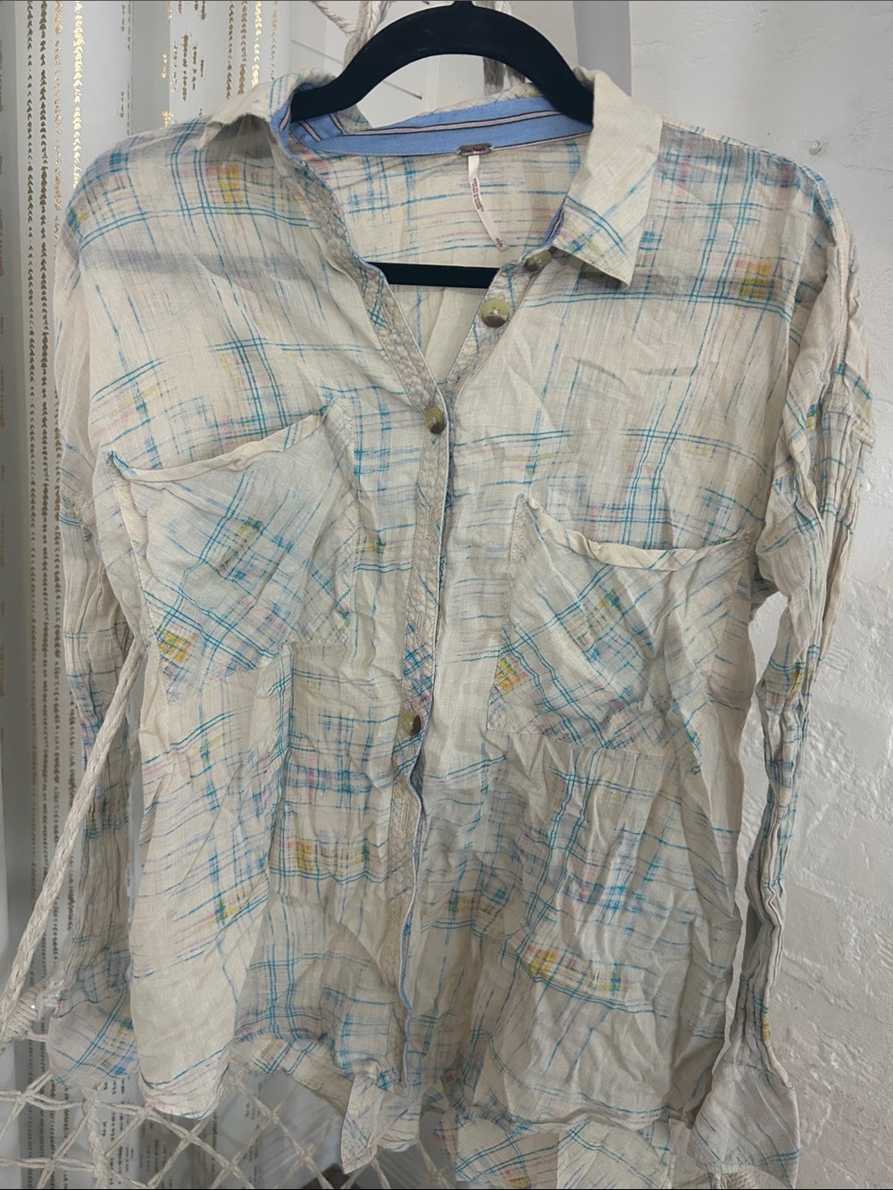 Free People Plaid Button Down Shirt | Blue & Cream Lightweight Boho | Small